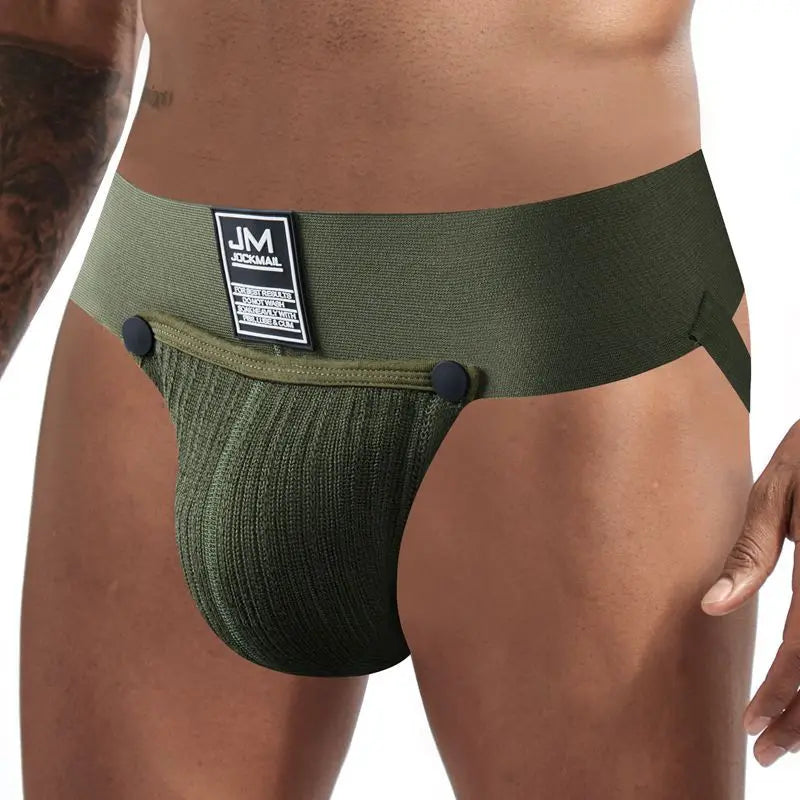 Open Front Men Jockstrap Briefs Athletic Supporter,3" Waistband Detachable Pouch Breathable Workout Sport Underwear Gay Thongs