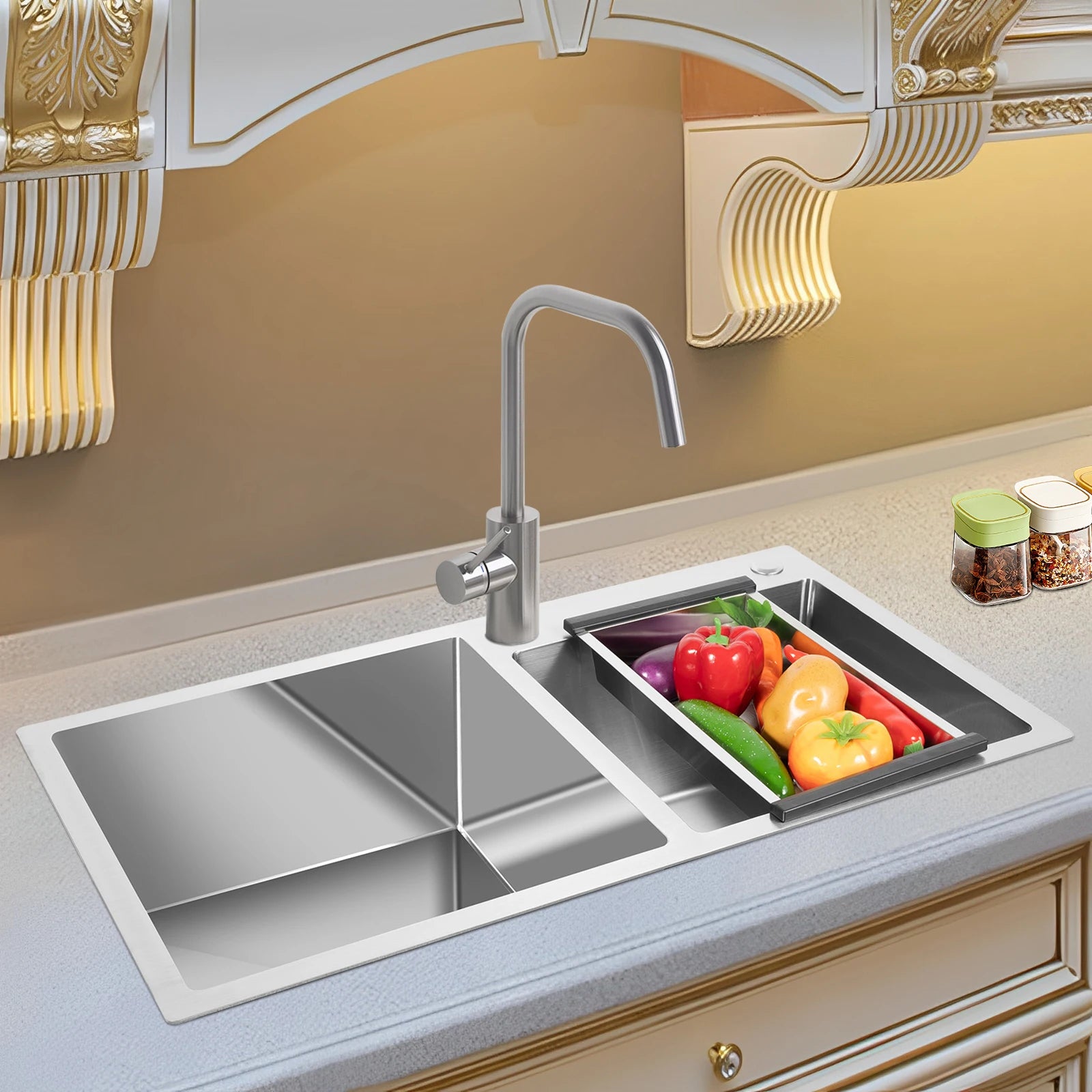 Double Basin Stainless Steel Sink w/ Drainer 30L+23L Capacity 201 Grade, Bathroom Kitchen Accessories Household Items - You Offer