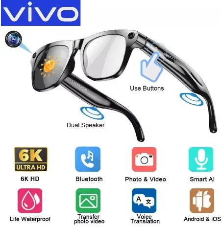 VIVO 6K HD AI Smart Glasses Photochromic Multifunction Bluetooth Calling Voice Assistant Music Player Translate Camera 2026 HOT