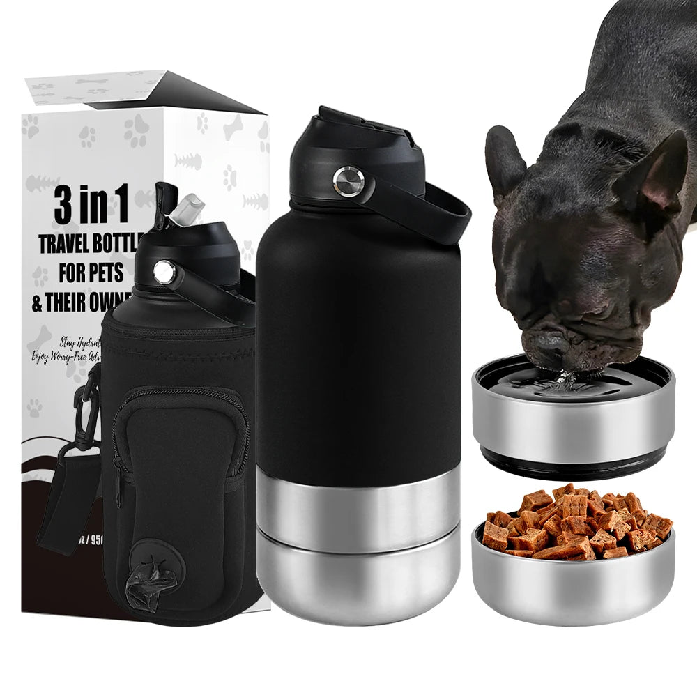 OKKPETS 32Oz 3 in 1 Stainless Steel Dog Water Bottle 1000ml Outdoor Travel Portable Pet Insulated Feeder Dog Bowl Food Bottle