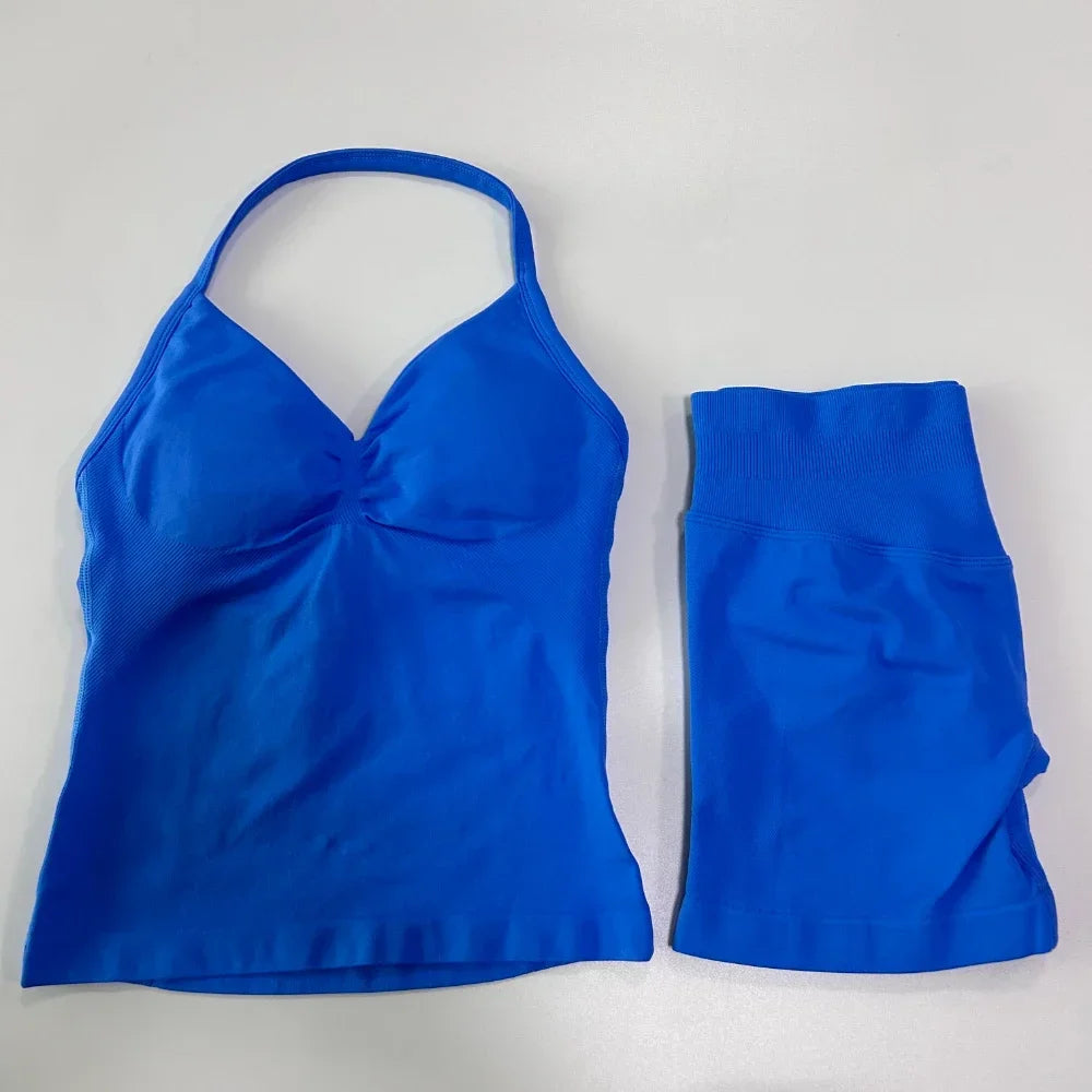 2 sets of sportswear, peach-bottomed shorts set, drawstring top, seamless impact tight shorts, yoga outfit, fitness set
