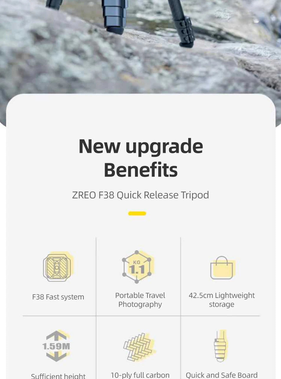 COMAN Zero F38 Carbon Fiber Travel Tripod Lightweight Professional Dslr Camera Tripod For Film making Smartphone Maxload 39.6lbs