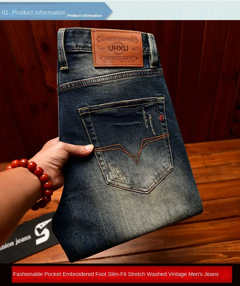 Heavy duty denim washed retro jeans for men 2025 new slim fit small foot elastic trendy brand casual Korean version pants - You Offer