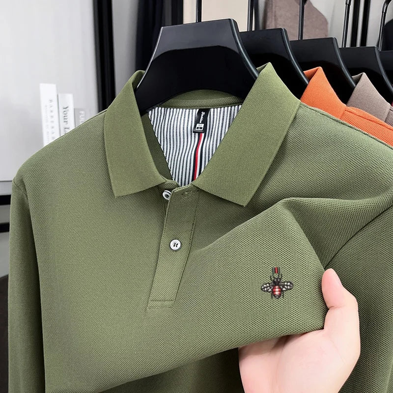 100% pure cotton high-end luxury brand men's long sleeved polo shirt autumn fashion hot selling bee embroidery casual T-shirt