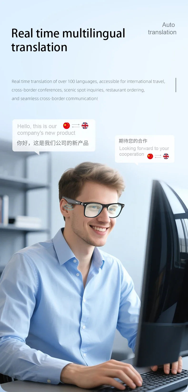 2025 AI Translation Smart Glasses  Bluetooth Call Headphones UV Protective Lenses Connected Bezel Outdoor Sports Sunglasses