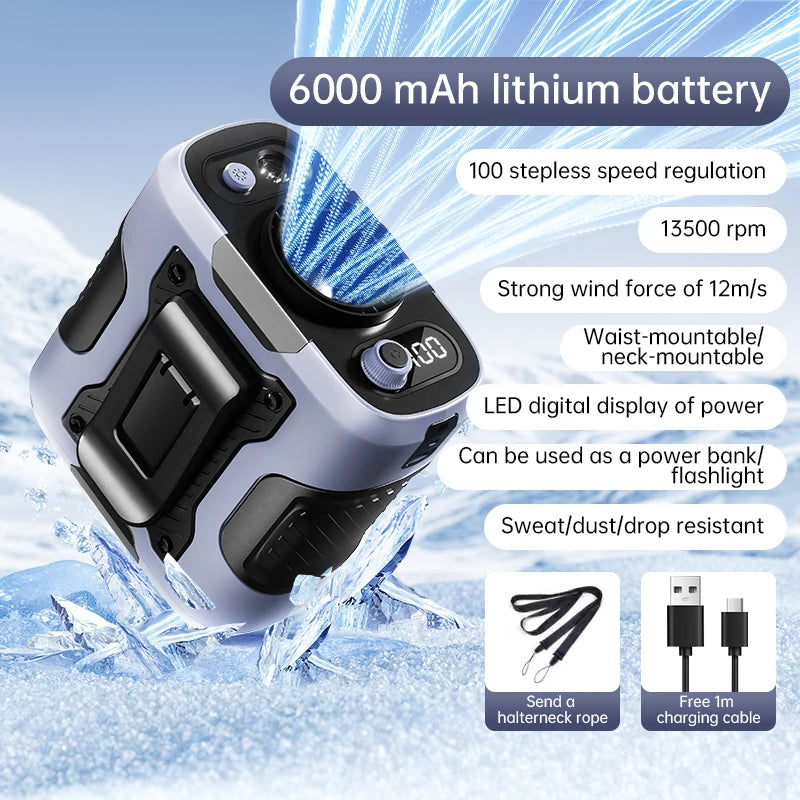 2025 13500RPM High-speed Waist Hanging Electric Fan Portable 6000mAh Power Bank Clip Waist Outdoor Construction Site Small Fan
