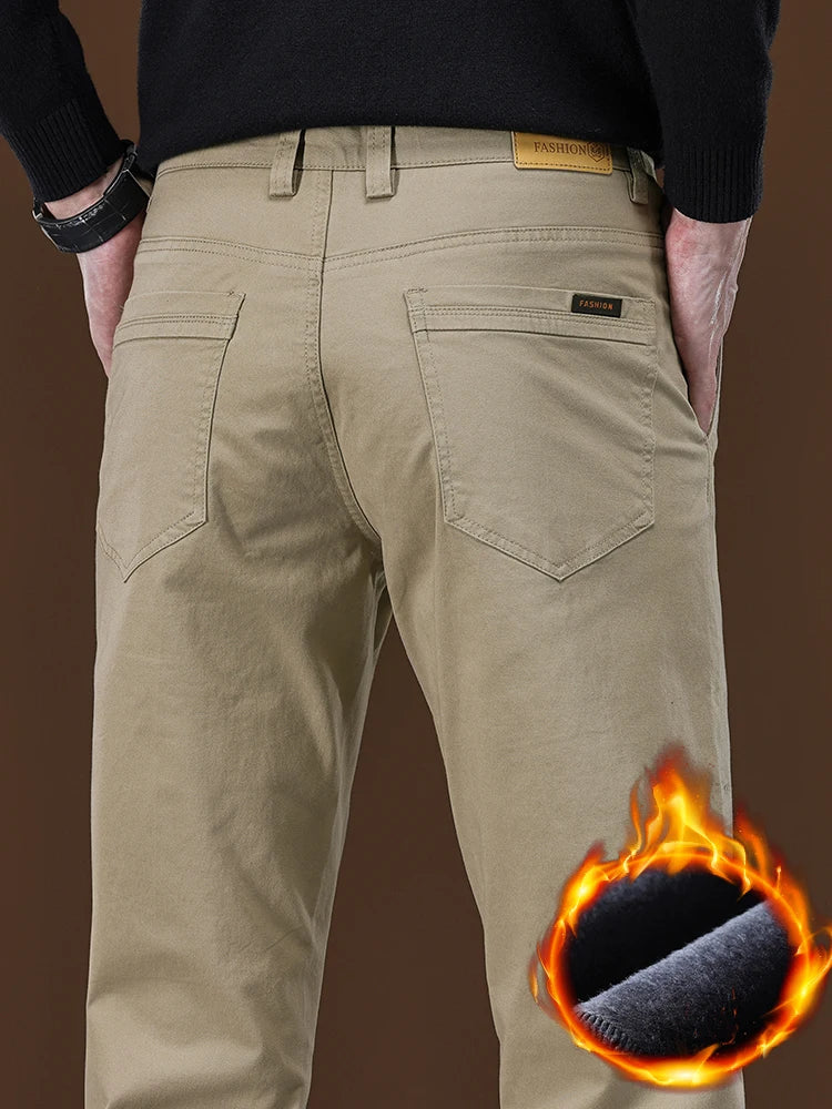 Winter Fleece Men's Casual Pants Business Straight Thick Warmth Fashion Velvet Trousers Classic Solid Color Slim Plush Pants