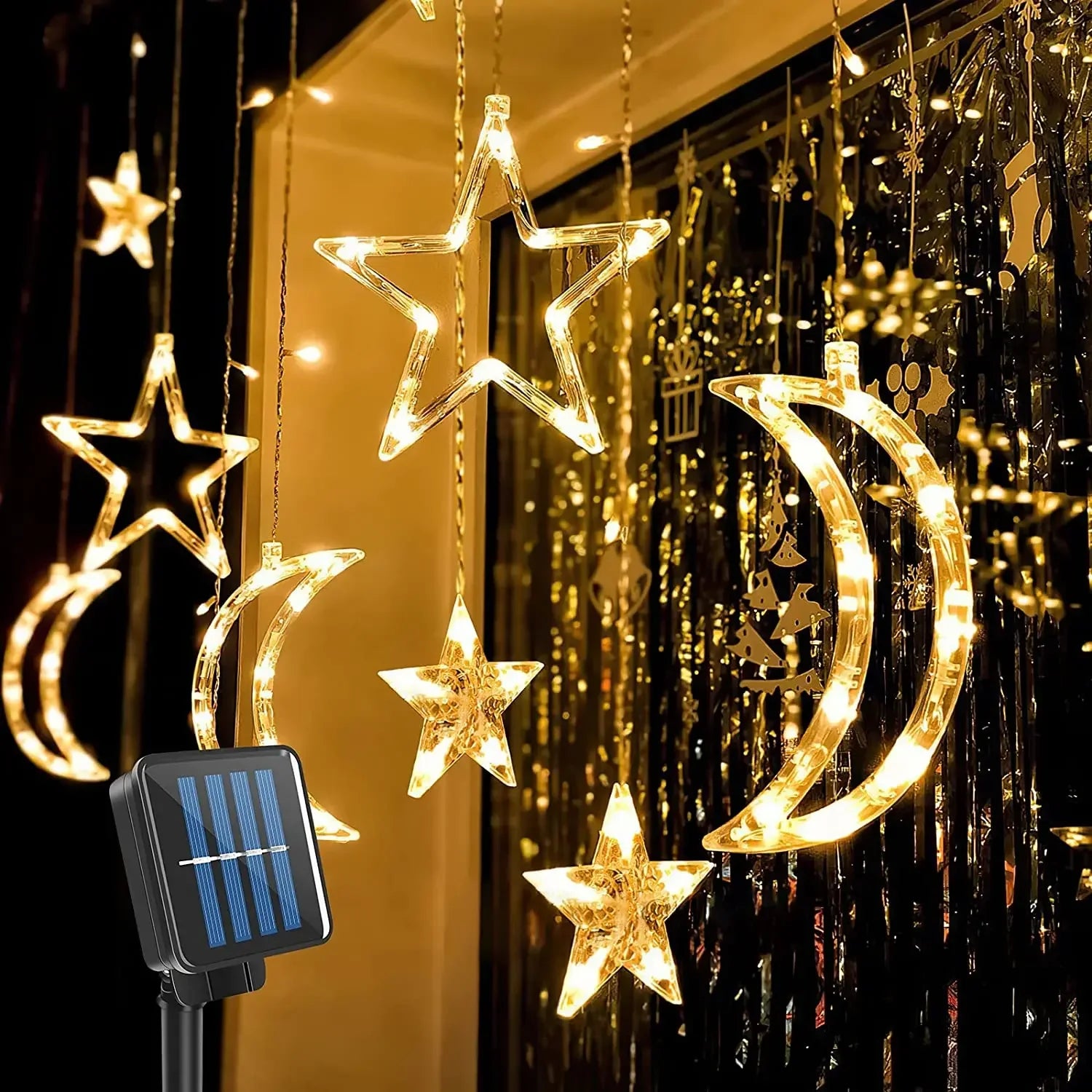 3.5m Star Moon LED Curtain String Light Solar/Battery Power Christmas Garland Fairy Lamp for Outdoor Garden Xmas NewYear Decor