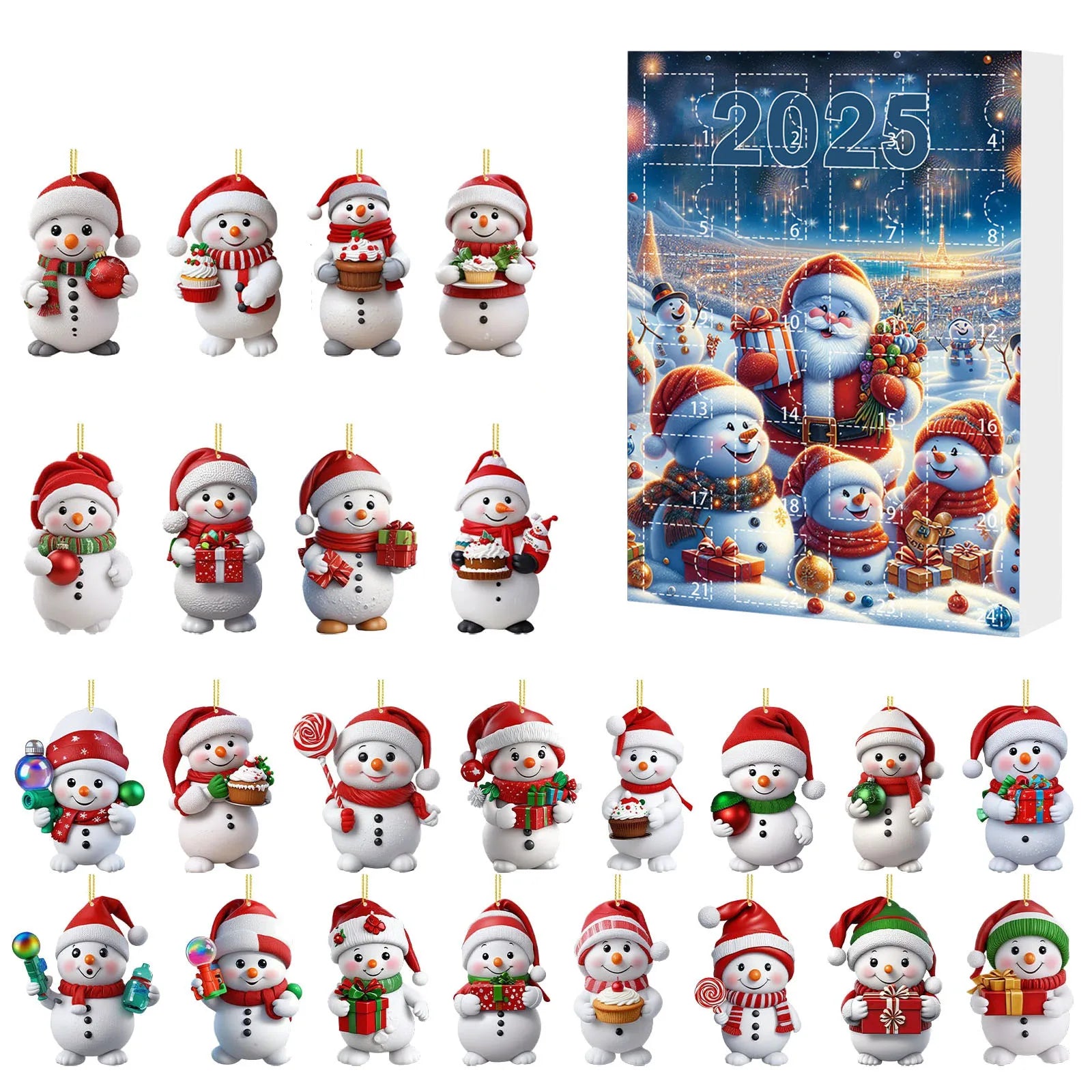 Snowman 24 Days Christmas Countdown Calendar Xmas Tree Snowman Pendant Ornaments Xmas Advent Calendar Xmas Gifts for Kids