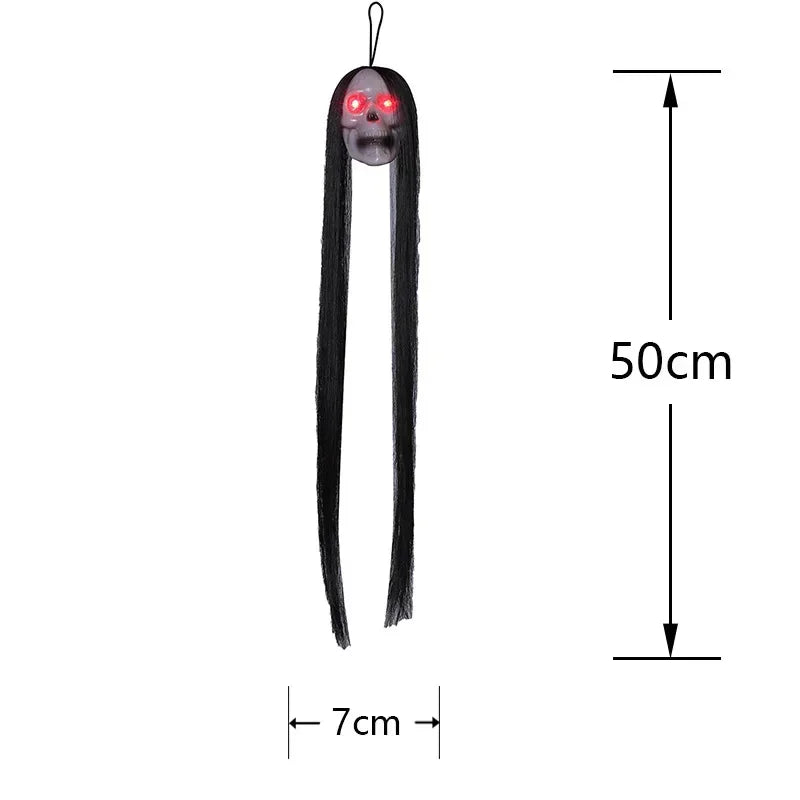Halloween Hanging Ghost Skull with Long Hair Glowing Eyes Terror Skull Ghost House Head Skeleton Props 2024 Halloween Decoration