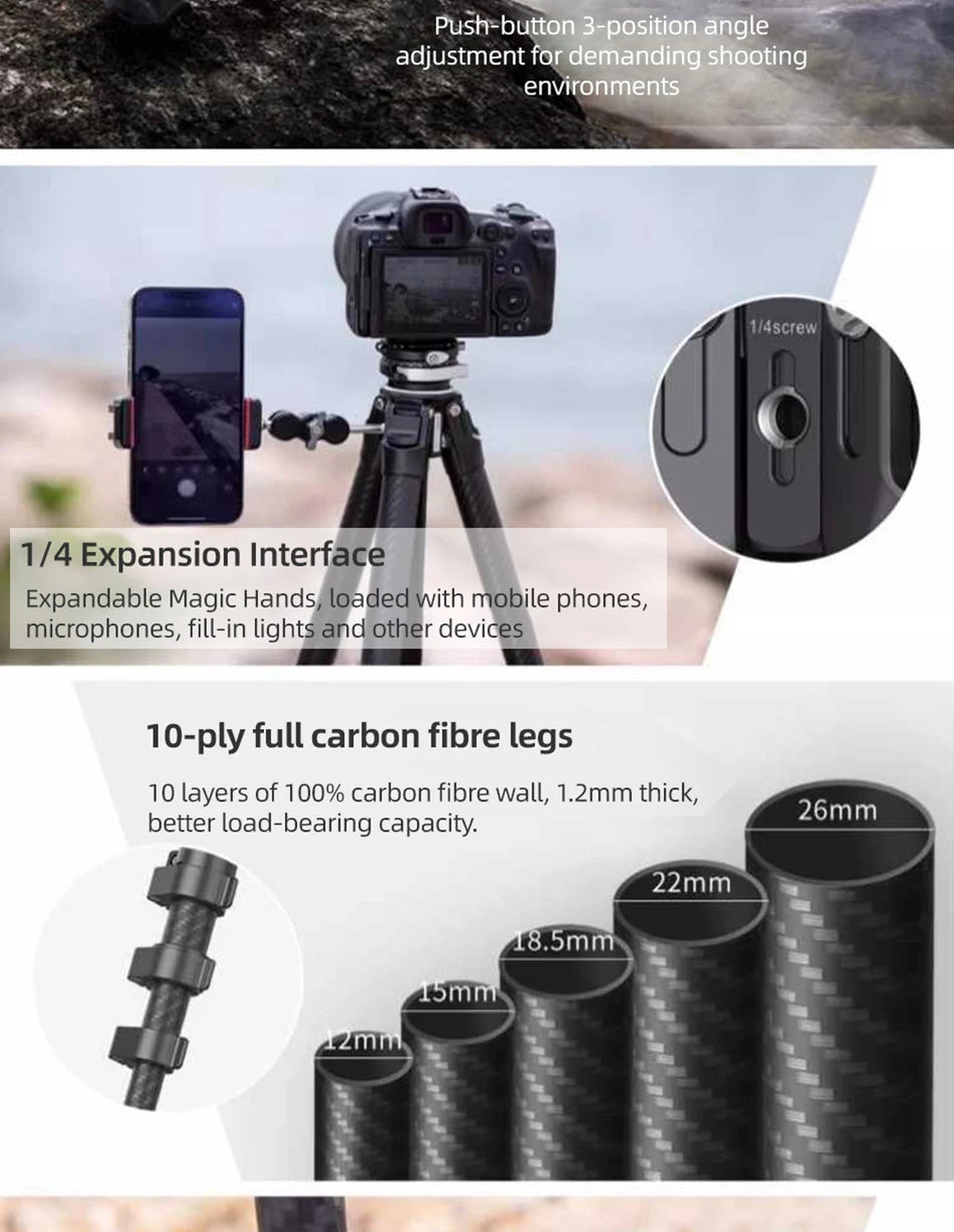COMAN Zero F38 Carbon Fiber Travel Tripod Lightweight Professional Dslr Camera Tripod For Film making Smartphone Maxload 39.6lbs