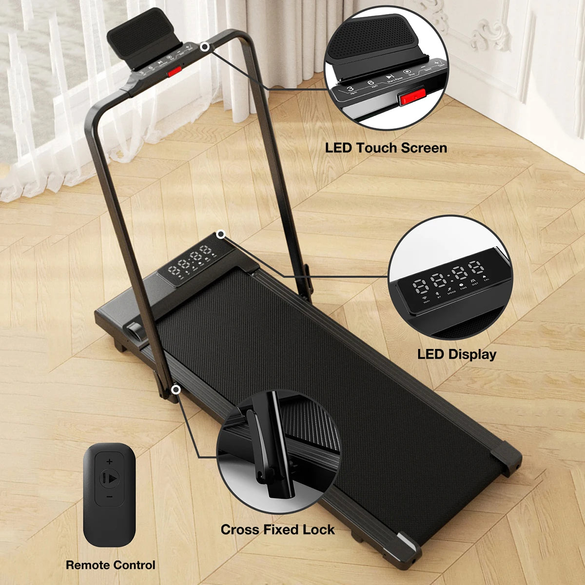 3in1 Treadmill Exercise Machine LED Touch Screen with Remote Control Foldable Walkingpad Portable Under Desktreadmills for Home