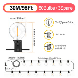 30M/15M/9M LED G40 Globe String Lights Outdoor, Plastic IP65 Waterproof Bulbs For Christmas Party Garden Decorative Garland Lamp