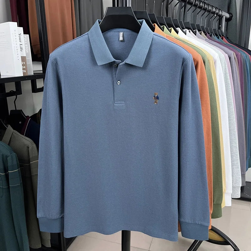 100% pure cotton men's trendy luxury brand autumn long sleeved polo shirt designer teddy bear embroidery business casual T-shirt
