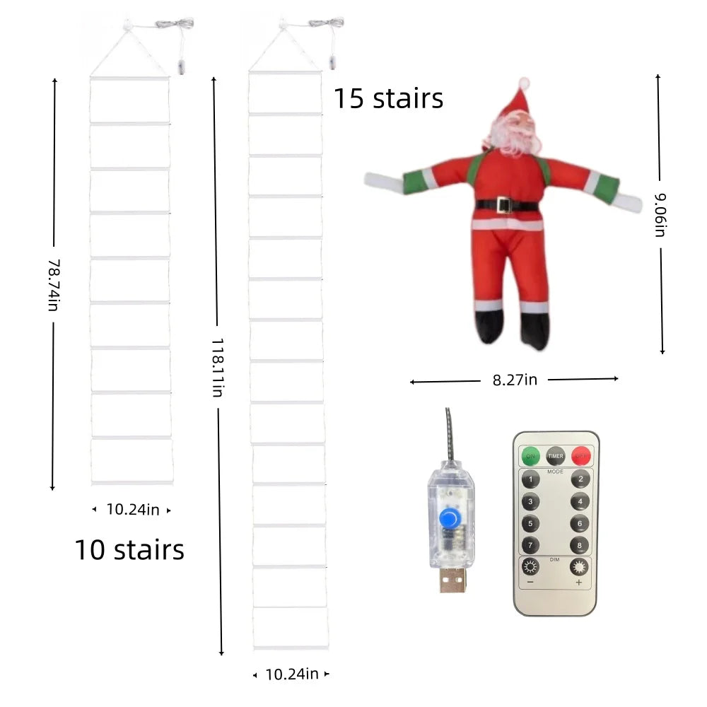 1PC 2M/3M 8-mode USB Santa Claus ladder light, suitable for indoor and outdoor Christmas parties, gardens, home wall decoration