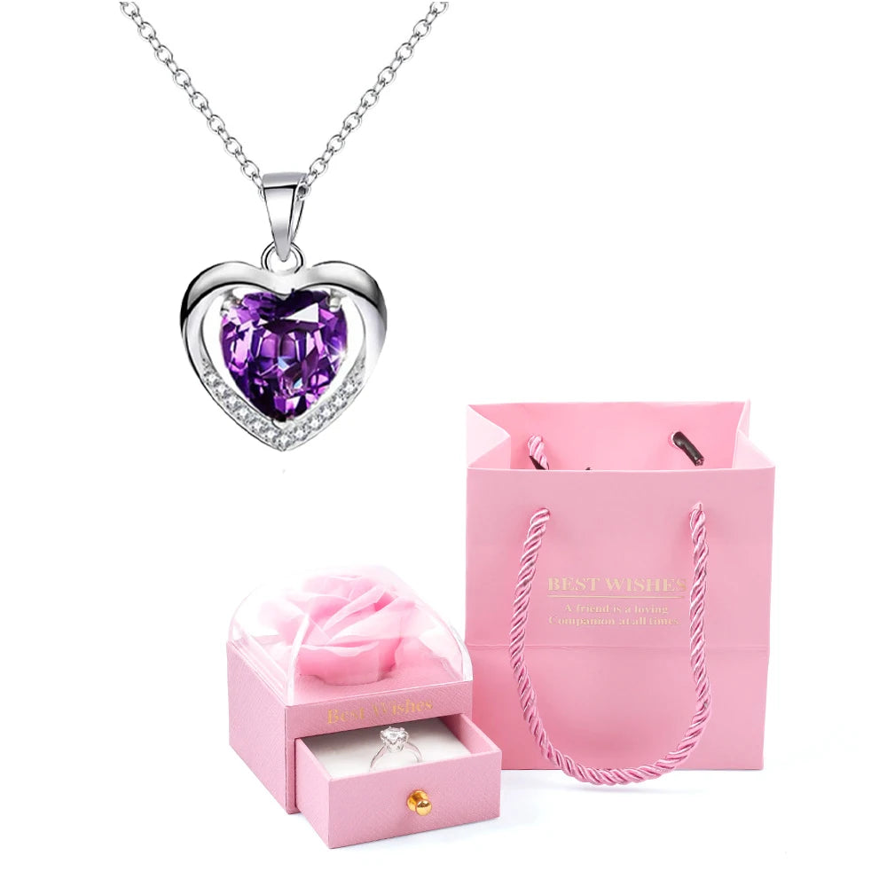 Heart Pendant Necklaces For Women With Rose Flower Gift Box Girlfriend Mother Family Birthday Fashion Romantic Surprise Gifts - You Offer