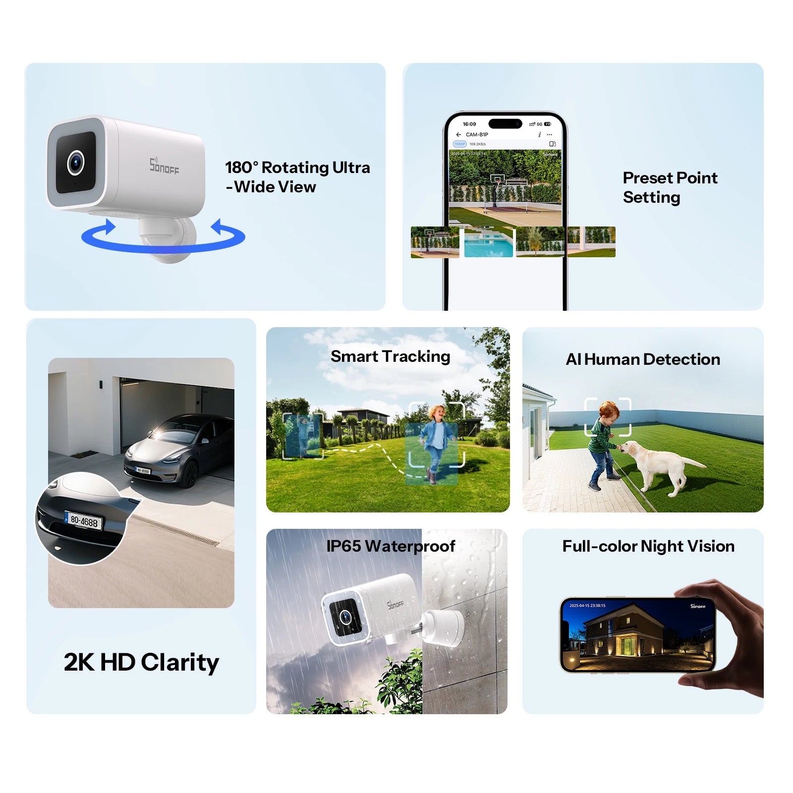 SONOFF CAM-B1P 2K HD Outdoor Smart Security Camera AI Human Detection IP65 Weatherproof Smart Tracking Full-Color Night Vision