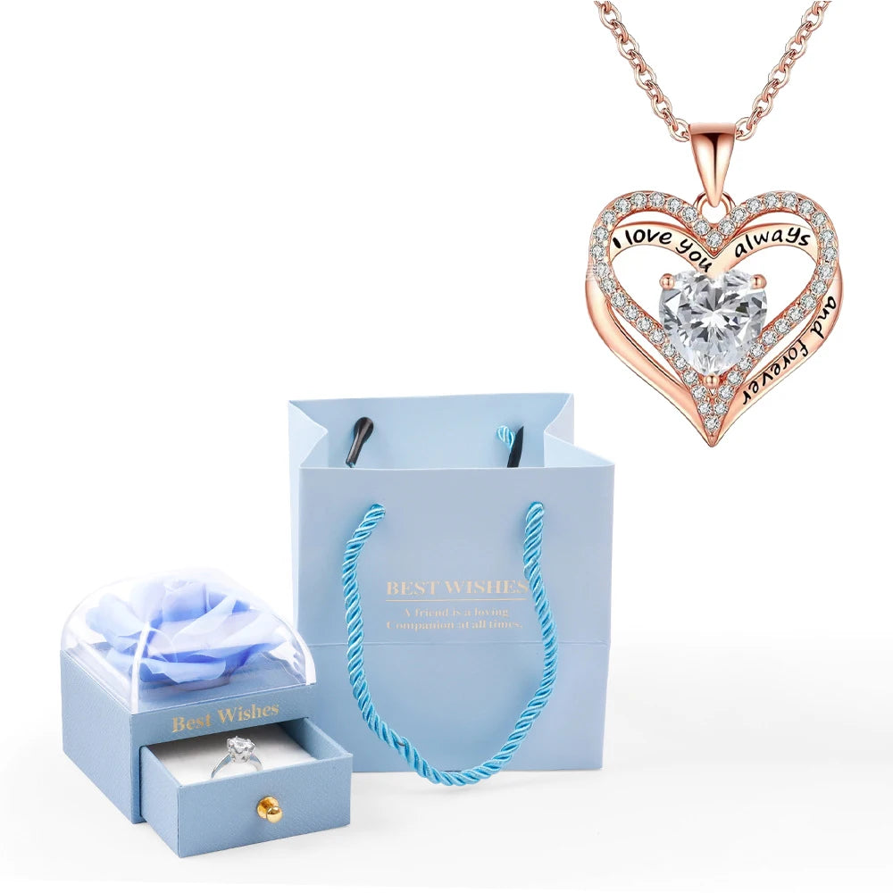 Heart Pendant Necklaces For Women With Rose Flower Gift Box Girlfriend Mother Family Birthday Fashion Romantic Surprise Gifts - You Offer