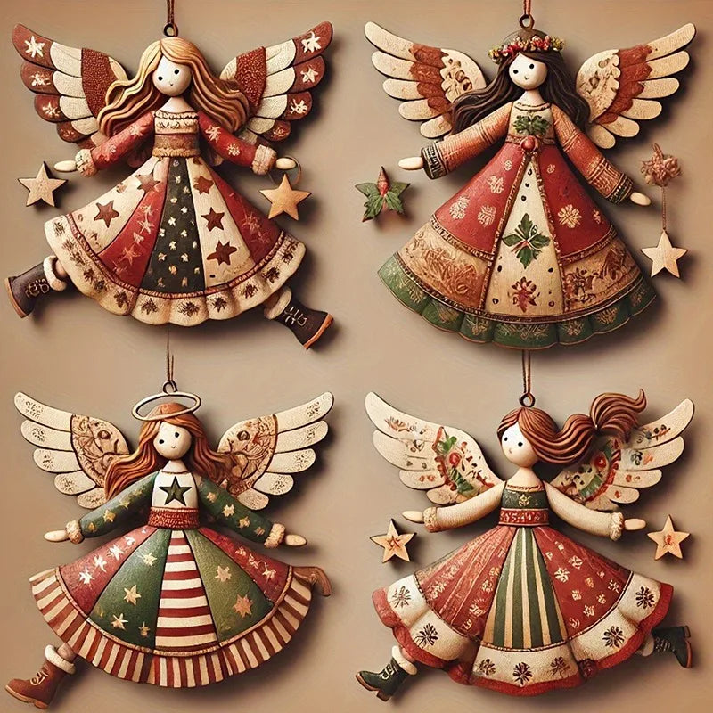 4/40pcs Christmas Tree Hanging Pendant Angels Doll Pendant Wooden Angels Decorations for Christmas Party New Year Wedding Decor