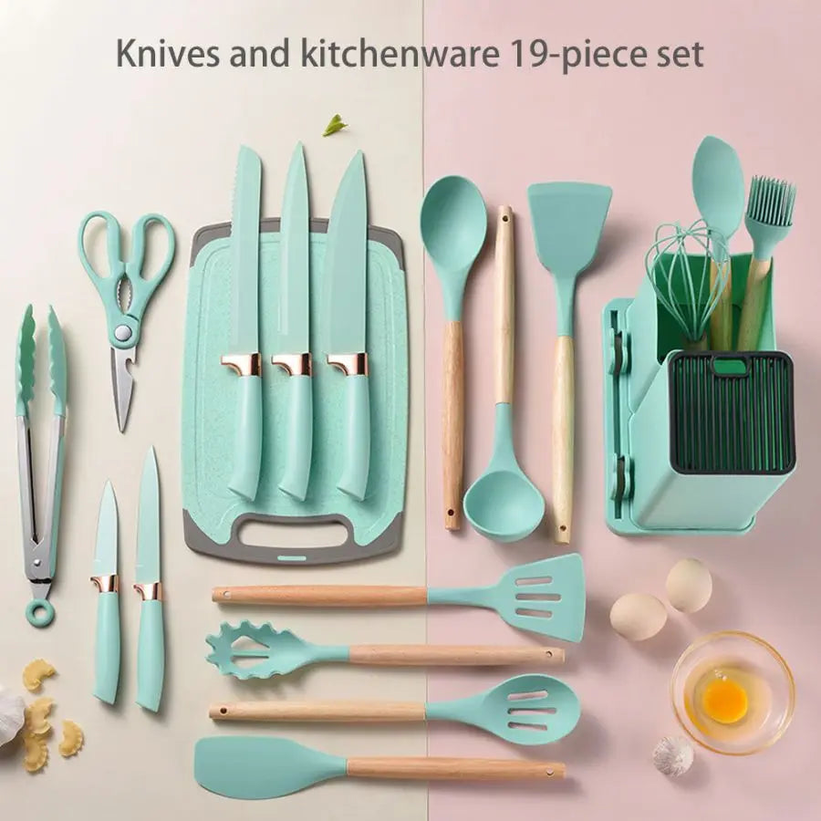 19pcs Food Grade Silicone Brodark Kitchenware Set, Cooking Spoon, Shovel, Cutting Board, Fruit Knife, Chef Knife, Combination Se - You Offer