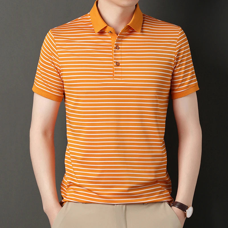 2026 Men's New Striped Cotton Business Casual Short Sleeved POLO Shirt Fashion Short Sleeved Comfortable and Breathable Top