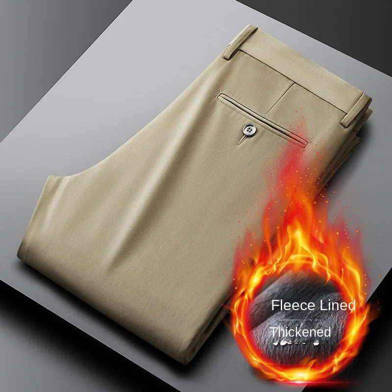 Warm Fleece Suit Pants Men Clothing Straight Regular Black Thick Winter Trousers For Men Business Formal Dress Casual Pants