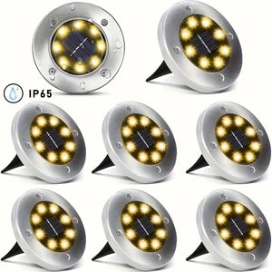 8 piece solar outdoor lights, IP65 solar disk lights, 8 LED solar ground lights, outdoor landscape lights for path, courtyard
