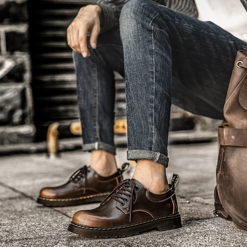 Men's casual leather low-top heightening large-head work boots breathable versatile British cow tendon sole derby shoes