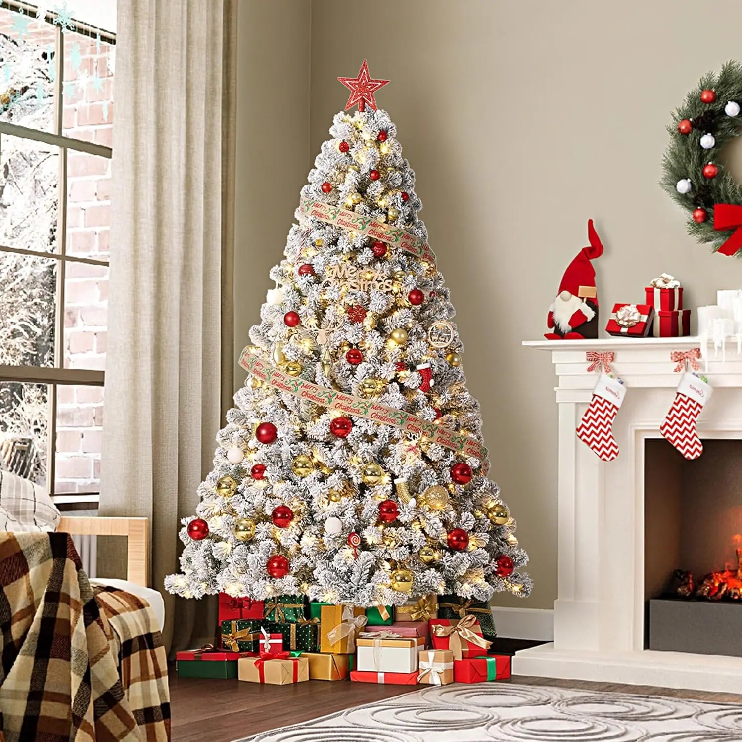 7.5FT Christmas Tree Prelit Artificial Christmas Tree With 450 Warm White Lights Realistic Flocked Material Holiday Decoration