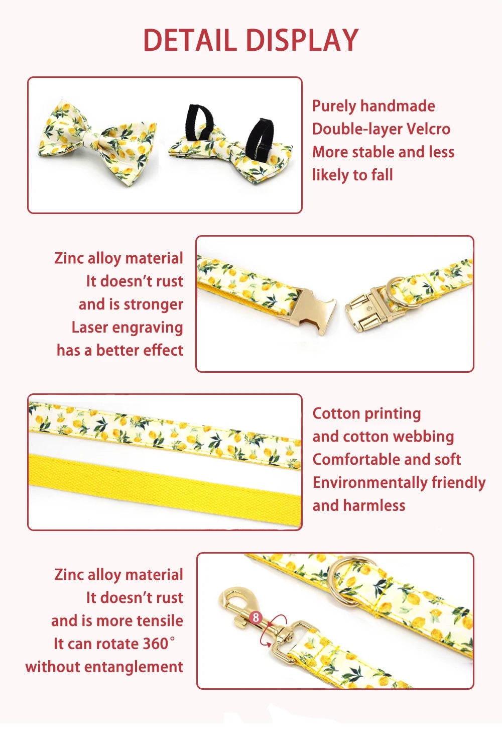 Personalized Pet Collar for Cats Small Medium Large Dogs Lemon Printing Luxury Designer Bow Dog Collar & Leash Set with Poop Bag