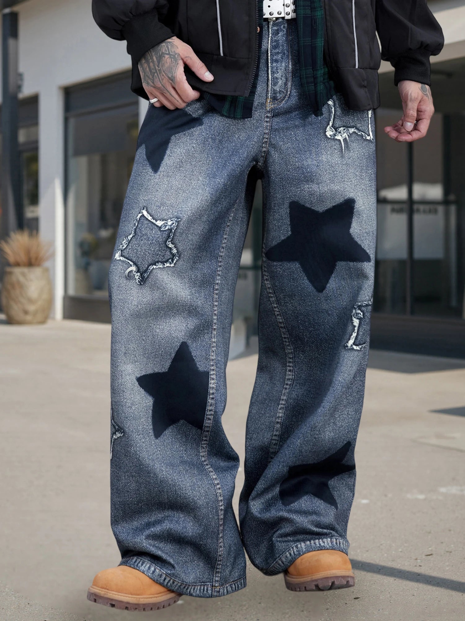 2026 Collection Men Jeans Urban Cool Stars Embroidery Loose Casual Jeans Trousers Streetwear for Daily Party - You Offer