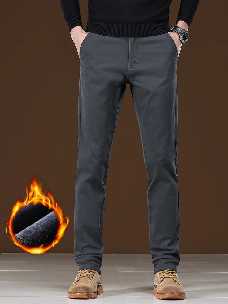 Winter Fleece Men's Casual Pants Business Straight Thick Warmth Fashion Velvet Trousers Classic Solid Color Slim Plush Pants