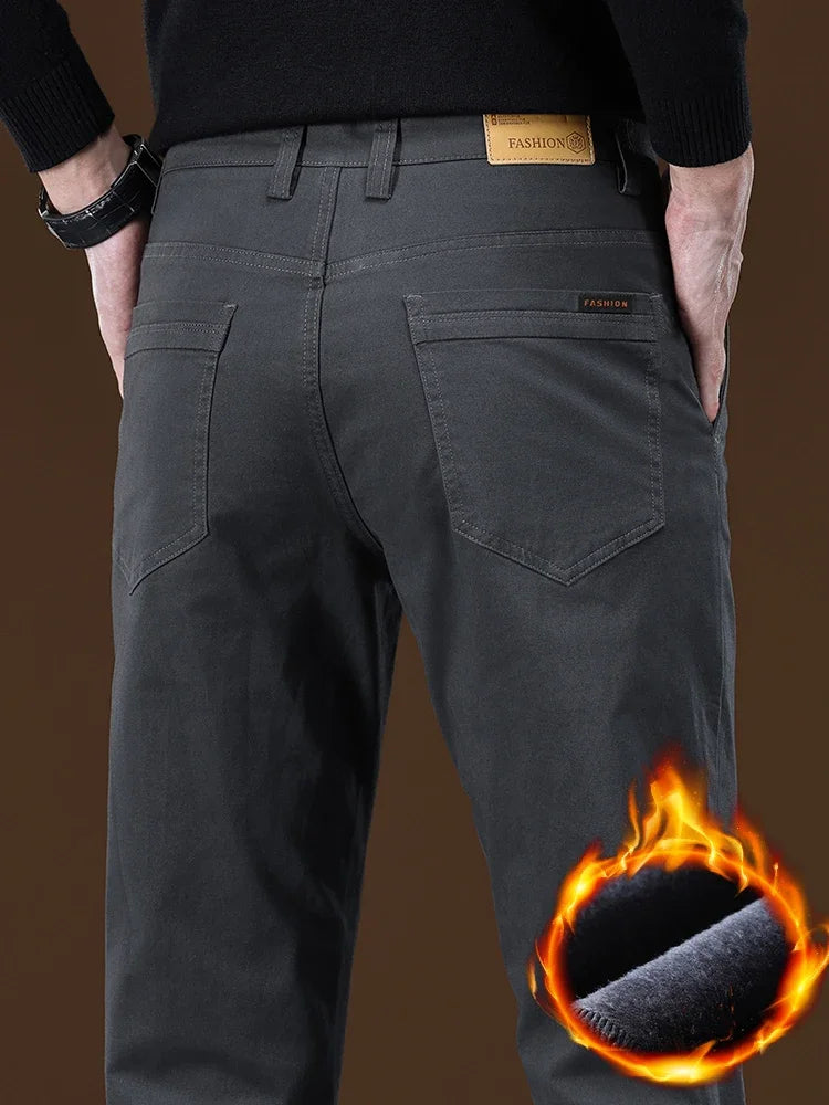 Winter Fleece Men's Casual Pants Business Straight Thick Warmth Fashion Velvet Trousers Classic Solid Color Slim Plush Pants