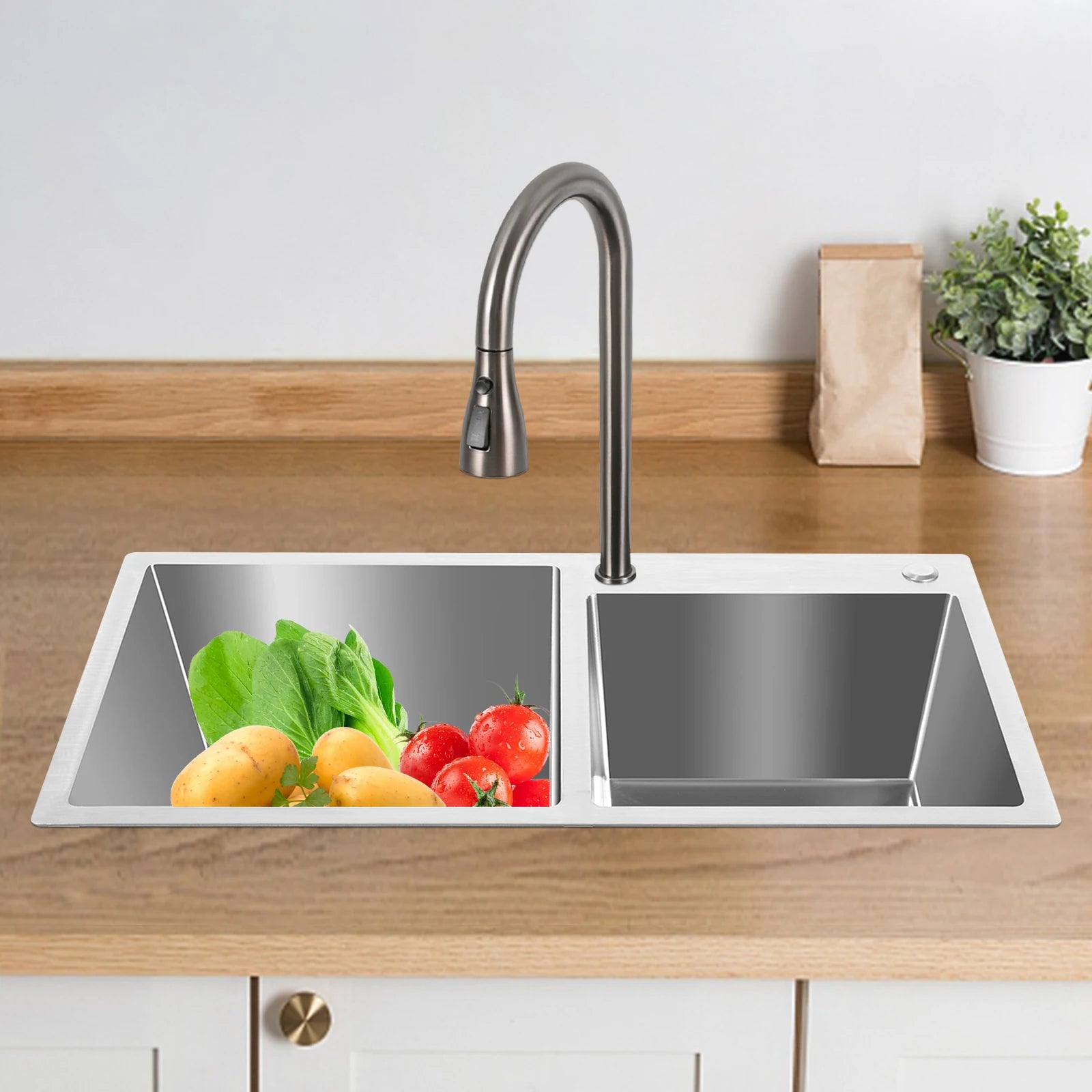 Double Basin Stainless Steel Sink w/ Drainer 30L+23L Capacity 201 Grade, Bathroom Kitchen Accessories Household Items - You Offer