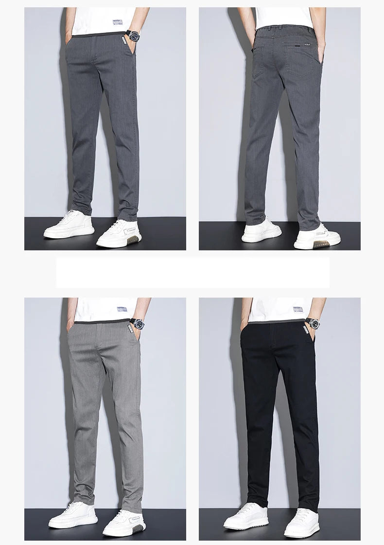 Spring Summer Classic Men's Casual Pants Stretch Slim Business Cotton Trousers Fashion Zippered Pocket Thin Men Pants Korean - You Offer