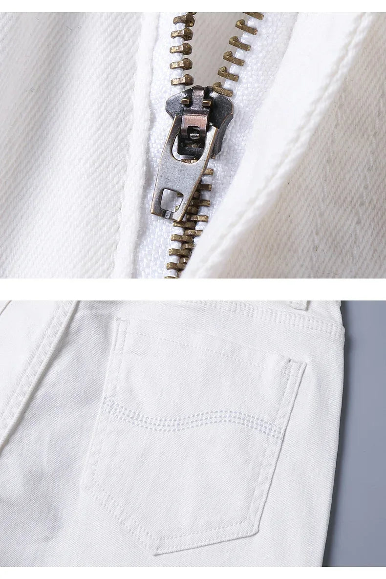Men's Jeans Pure White Fashion Elastic Slim Youth Slimming Straight Leg Male Pants Business Casual Middle Age High End Trousers - You Offer
