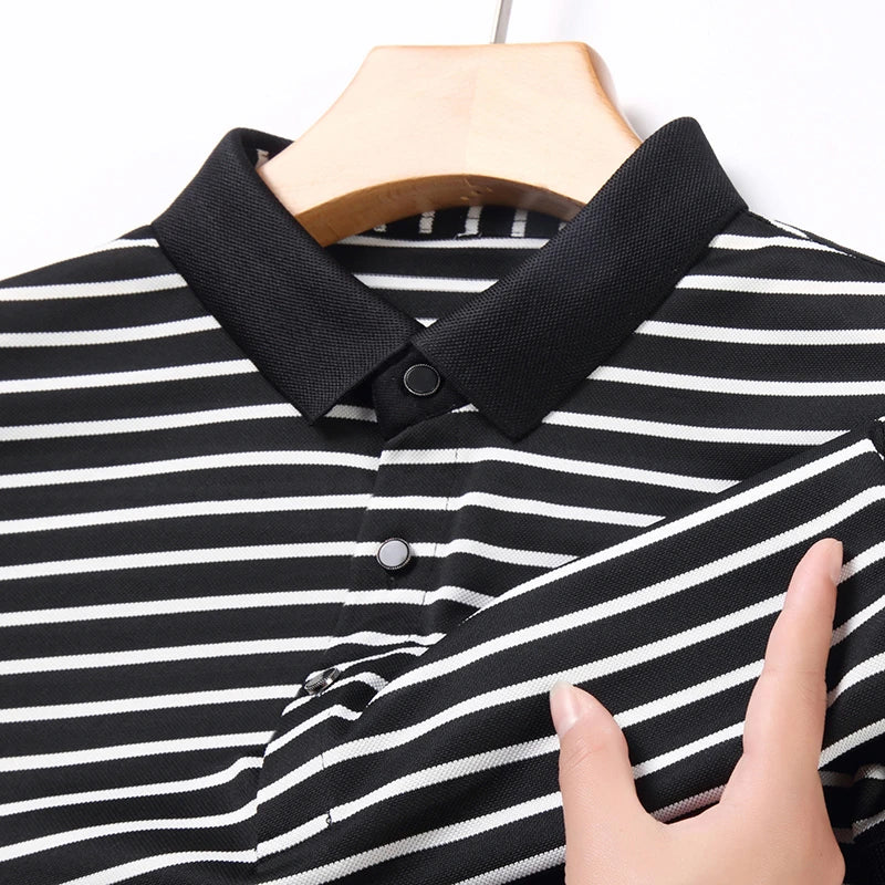 2026 Men's New Striped Cotton Business Casual Short Sleeved POLO Shirt Fashion Short Sleeved Comfortable and Breathable Top