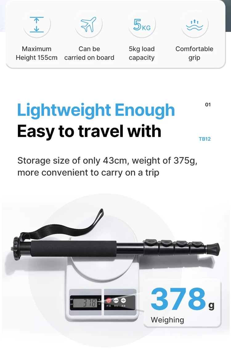Ulanzi TB12 Monopod Extendable Camera Tripod Load 5kg 155cm/61”  Phone Selfie Stick 1/4" Mount for Sony Canon Nikon Camera DSLR