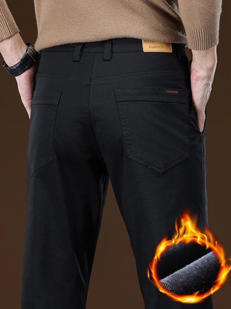 Winter Fleece Men's Casual Pants Business Straight Thick Warmth Fashion Velvet Trousers Classic Solid Color Slim Plush Pants