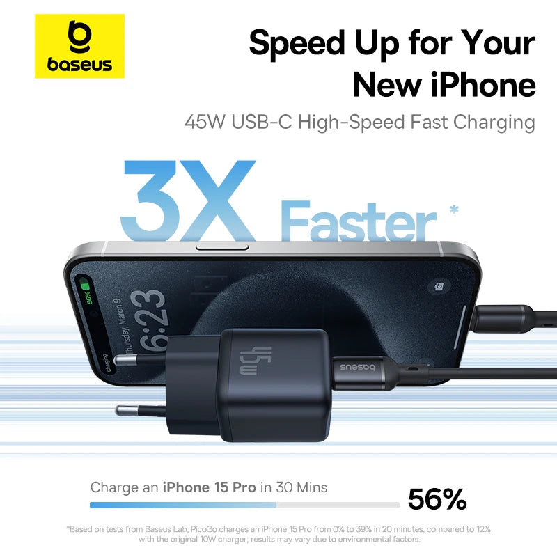 Baseus 45W PD Charger For iPhone 17 16 15 Pro Max Samsung Galaxy Fast Charger GaN Charger USB C Charger Portable Phone Charger