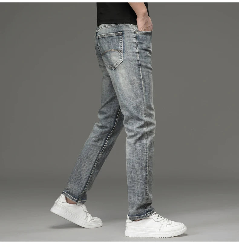 High-end Light Luxury Brand Jeans Men's Retro Slim Fit Straight Versatile Casual Gray Trousers Autumn and Winter Thick Jeans - You Offer
