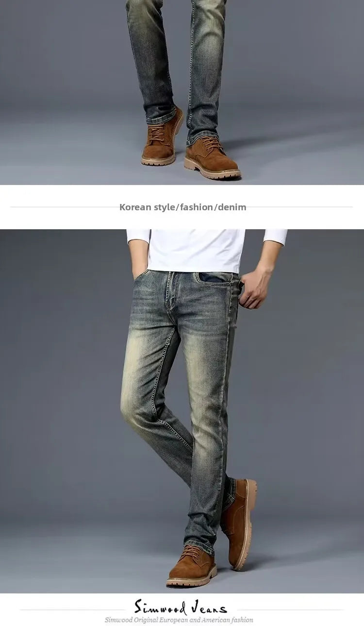 High-End Retro Men's Slim Fit Straight Leg Stretchy Faionable Jeans Spring Autumn Long Trousers Cotton Stretch Denim mid Wa...