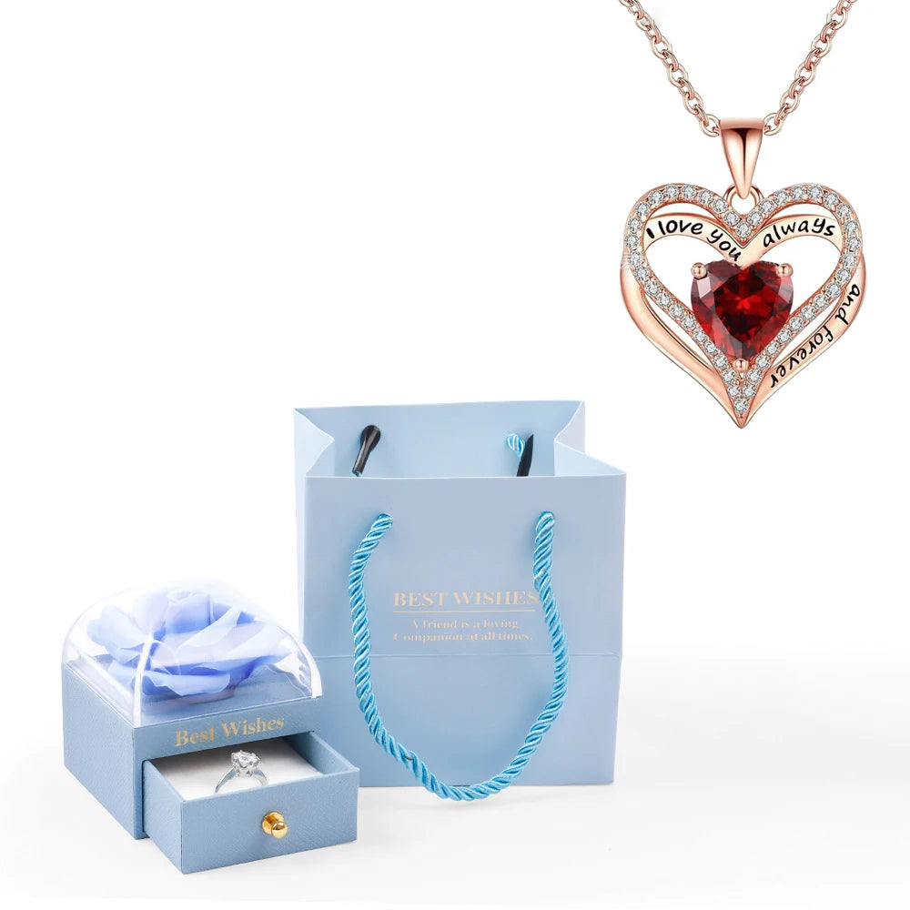 Heart Pendant Necklaces For Women With Rose Flower Gift Box Girlfriend Mother Family Birthday Fashion Romantic Surprise Gifts - You Offer
