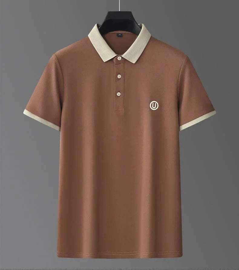 Ice silk short-sleeved T-shirt for men, new summer high-end embroidered luxurious silky quick-dry breathable polo shirt.