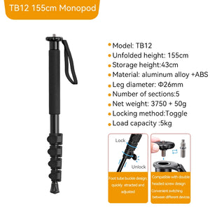 Ulanzi TB12 Monopod Extendable Camera Tripod Load 5kg 155cm/61”  Phone Selfie Stick 1/4" Mount for Sony Canon Nikon Camera DSLR