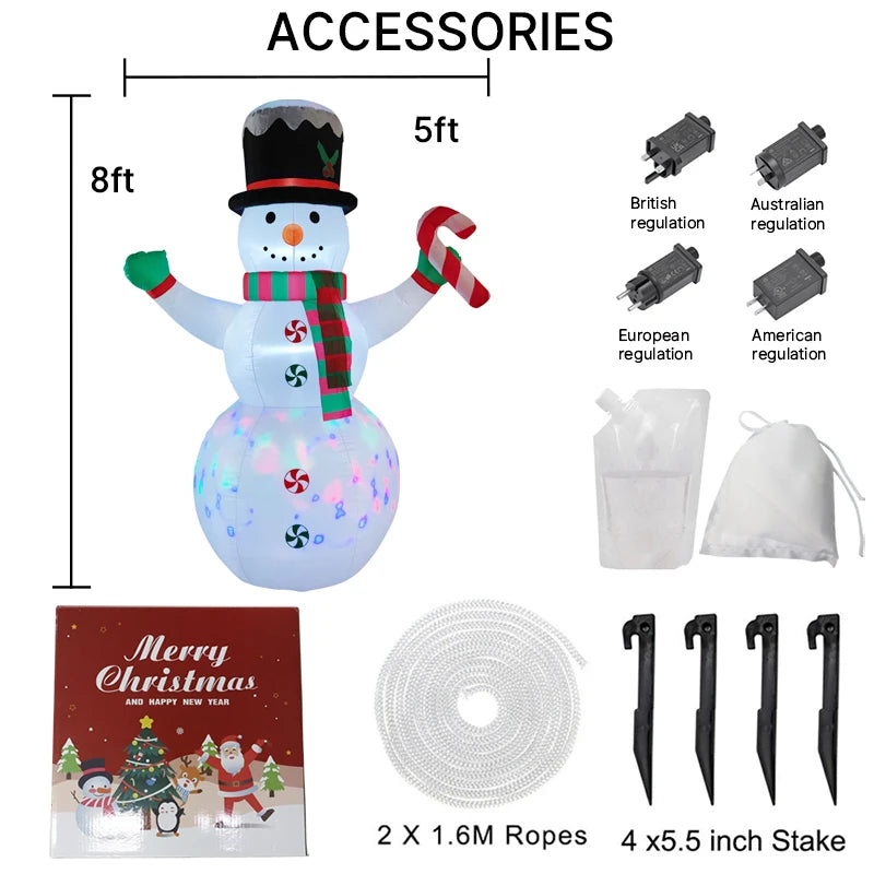 2.4M/7.8FT Inflatable Christmas Snowman with Candy Cane Lights LED Home Holiday Lighting Decoration Yard Xmas Ornaments Supplies