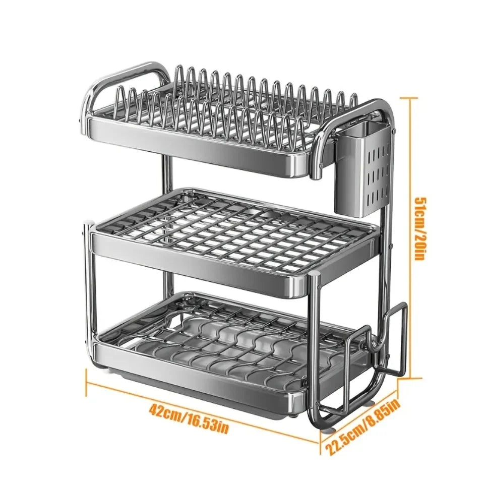 Dish Drying Rack Multifunctional Rustproof Big-capacity Bowl Storage Shelf Stainless Steel Multilayer Spacesaving Draining Shelf