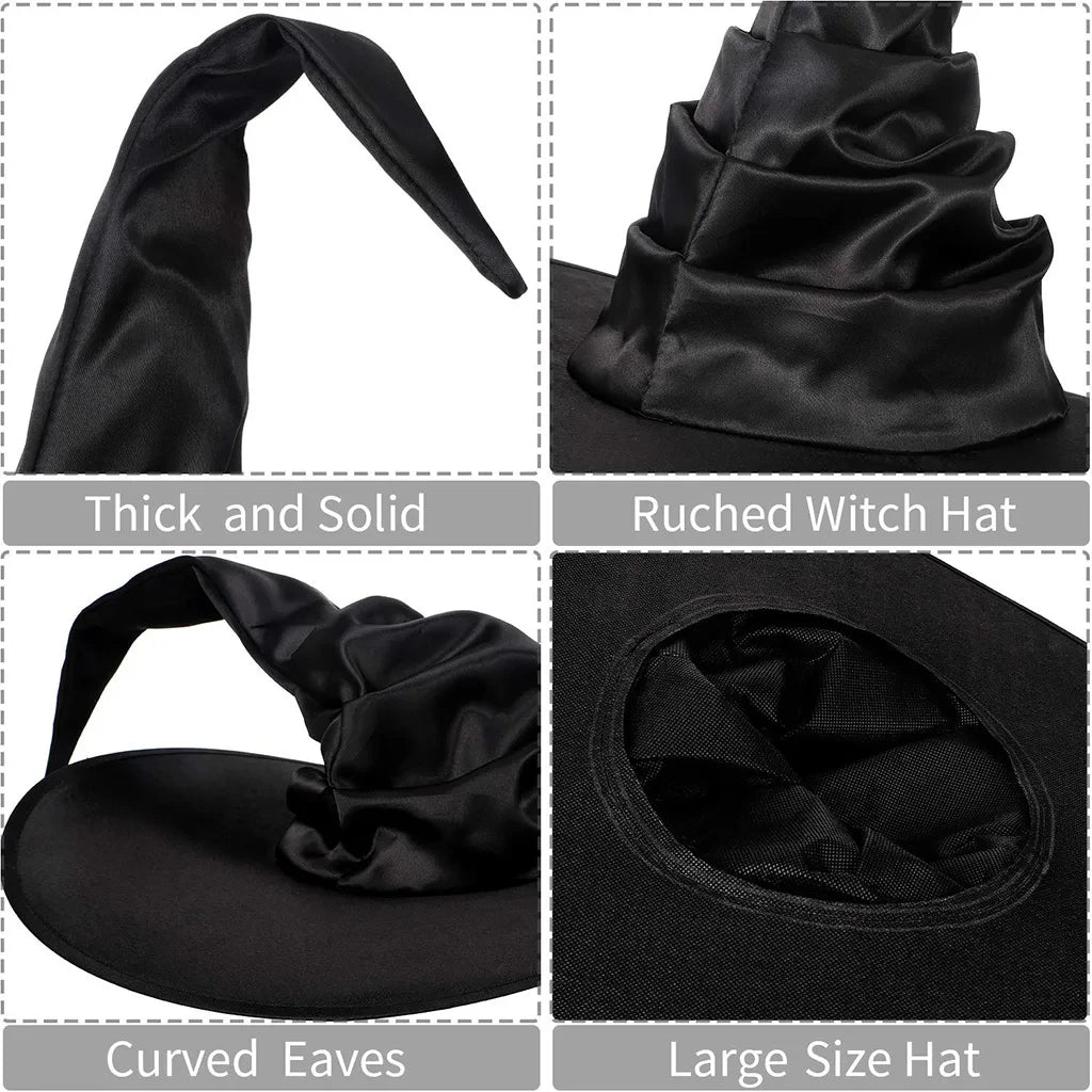 Black Witch Hat Halloween Folds Wizard Party Cosplay Costume Headgear Devil Cap Props Decoration Supplies for Adult Women Men