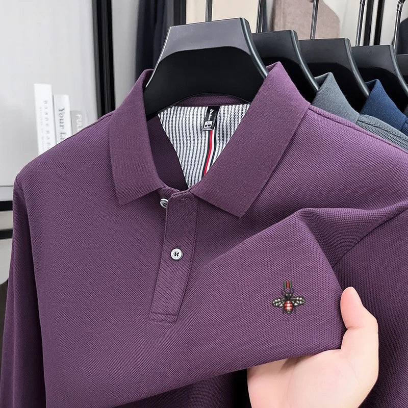 100% pure cotton high-end luxury brand men's long sleeved polo shirt autumn fashion hot selling bee embroidery casual T-shirt