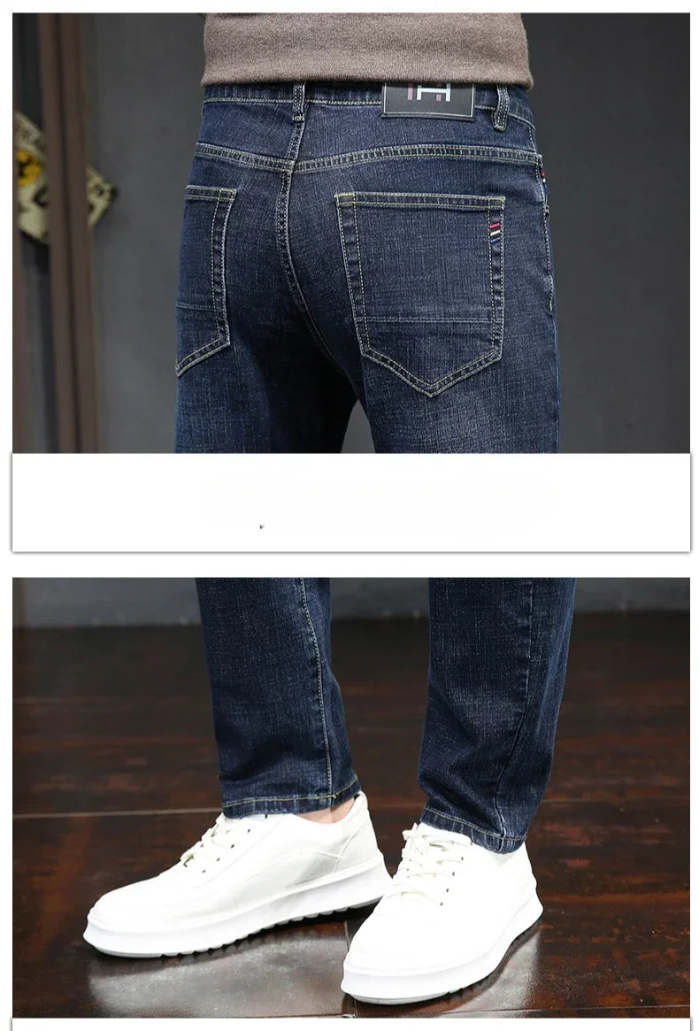 Winter Thickened Warm Male Plush Trousers Brand Clothes Men's Fleece Jeans Straight Slim Stretch Fashion Business Denim Pants - You Offer